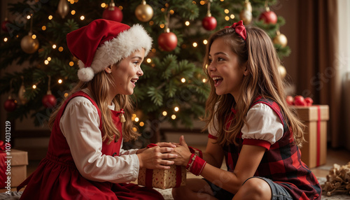 Joy after receiving a gift from a friend, happy surprise, moment of celebration photo