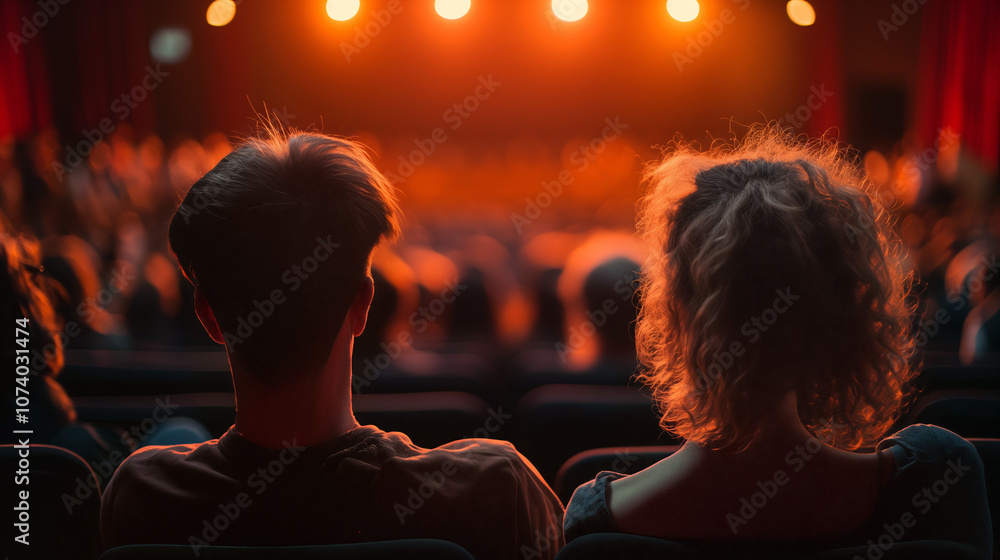 A couple sits closely together in a theater, captivated by the vibrant stage lights as they watch a live performance unfolding in front of them - Generative AI