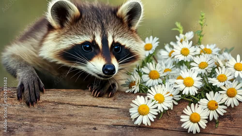 small raccoon peeking out from behind white daisies on a wooden log, in soft natural daylight small raccoon peeking out from behind white daisies on a wooden log, in soft natural daylight
