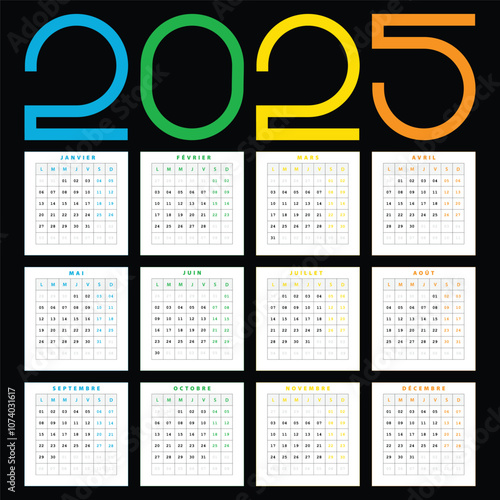 Calendrier 2025 simple Coloré, Design Vectoriel de calendrier Français Nouvelle Année 2025