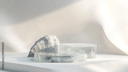 Elegant clear glass stone podium on white background with subtle light effects 3d rendering illustration product display concept