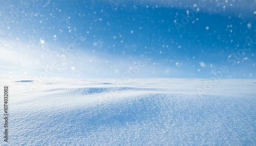 Clear snow-covered wavy field with snowflakes flowing through blue sunny sky giving winter holiday atmosphere. Background with copy space for text.