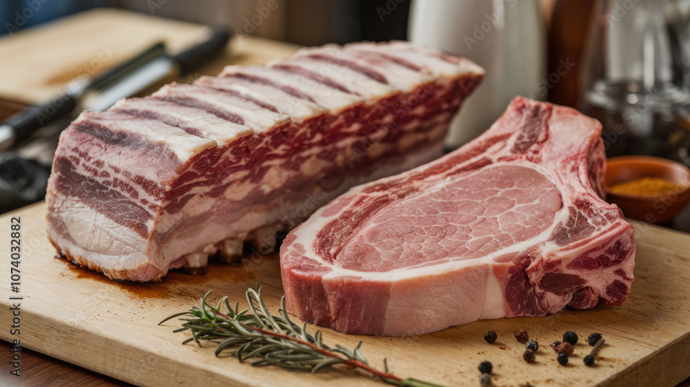 A piece of meat is cut into two pieces and is on a wooden cutting board. The meat is surrounded by herbs and spices A piece of meat is cut into two pieces and is on a wooden cutting board. The meat is surrounded by herbs and spices