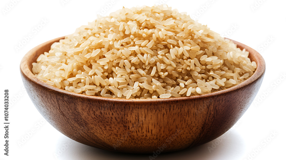 Heap of uncooked brown rice grains in wooden bowl isolated on white background healthy whole grain food photography Heap of uncooked brown rice grains in wooden bowl isolated on white background healthy whole grain food photography