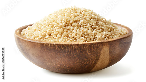 Heap of uncooked brown rice grains in wooden bowl isolated on white background healthy whole grain food photography