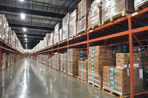 Aisle of Palletized Cardboard Boxes in a Large Warehouse