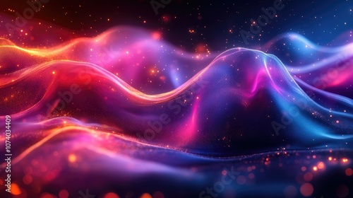 Abstract background with glowing waves in red, pink, and blue.