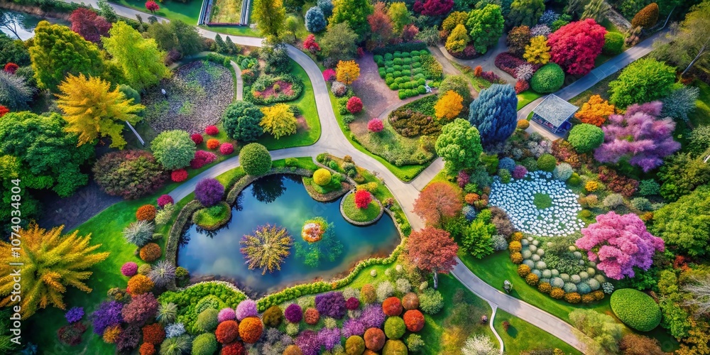Fototapeta premium Aerial View of Vibrant Watercolor Botanical Prints in a Serene Garden Setting, Showcasing Nature's Beauty and Artistic Flair through Drone Photography Techniques