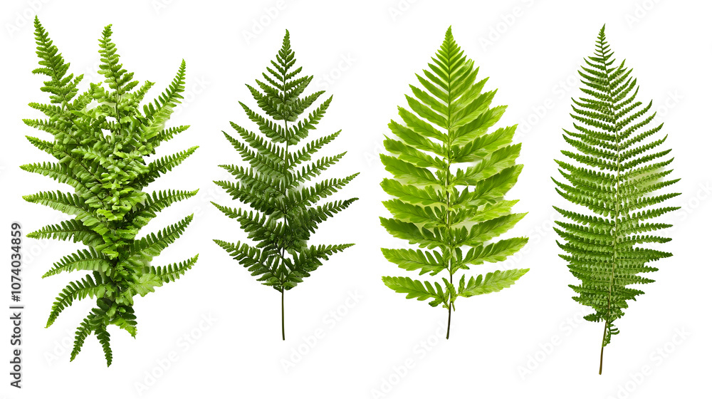 Fototapeta premium Four lush green fern leaves arranged in a row isolated on a transparent background.