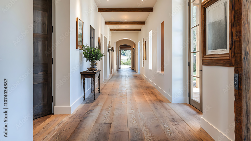 Warm rustic corridor design with natural wood floors and white walls home interior photography Warm rustic corridor design with natural wood floors and white walls home interior photography
