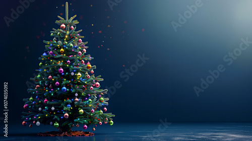 Christmas tree adorned with colorful decorations stands against a dark blue background, accented by the soft glow of bokeh lights. This image could serve as a banner design. Copy space available