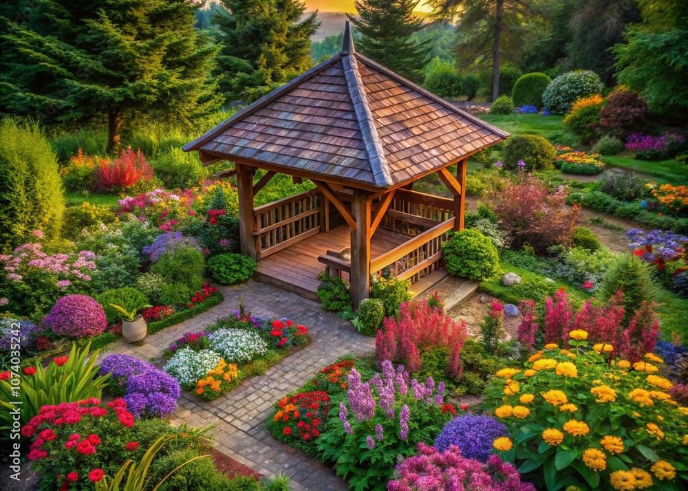 Aerial View of Wooden Structure Surrounded by Blurry Colorful Flowers in a Lush Garden Setting for Nature and Architecture Photography Aerial View of Wooden Structure Surrounded by Blurry Colorful Flowers in a Lush Garden Setting for Nature and Architecture Photography