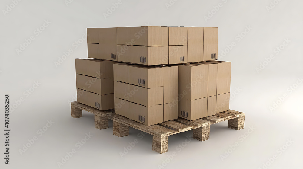 Neat stack of cardboard boxes on wooden pallets isolated on white background 3d illustration Neat stack of cardboard boxes on wooden pallets isolated on white background 3d illustration