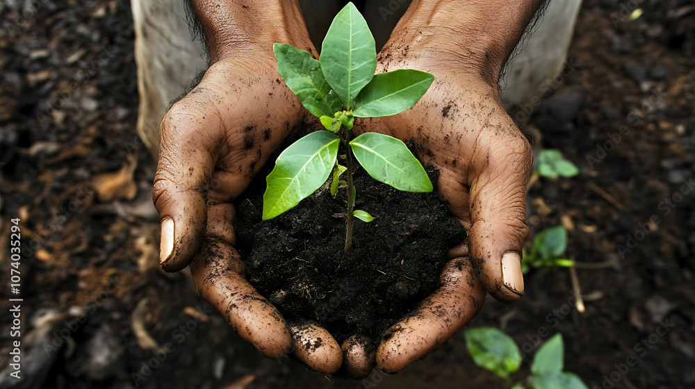 Nurturing hands holding growing sapling environmental protection and reforestation concept Nurturing hands holding growing sapling environmental protection and reforestation concept