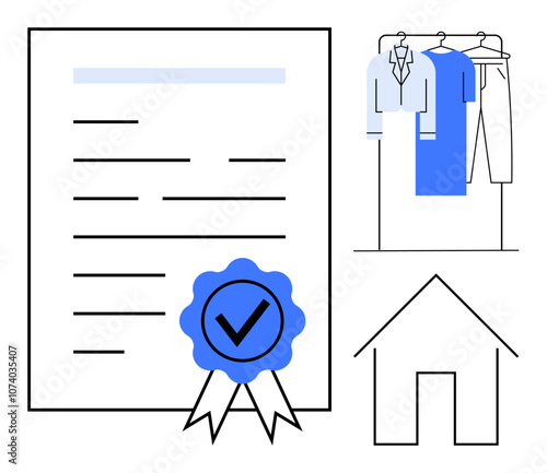 Certificate with a checkmark badge, hanging clothes on a rack, and a house outline. Ideal for certification, quality assurance, garment industry, laundry services, home improvement, real estate