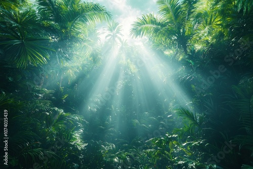 Sunbeams Filtering Through Dense Tropical Foliage