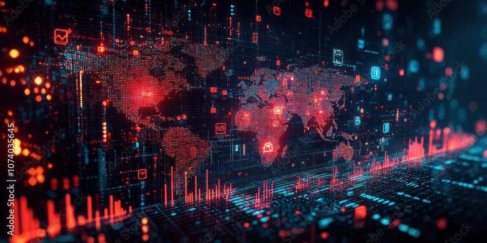 World Map with Digital Data and Symbols in Red and Blue World Map with Digital Data and Symbols in Red and Blue