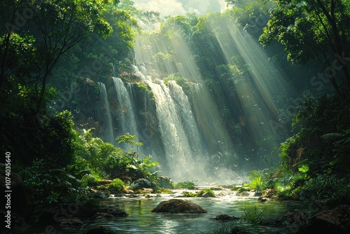 Sunbeams Illuminating a Lush Waterfall in a Tropical Forest photo