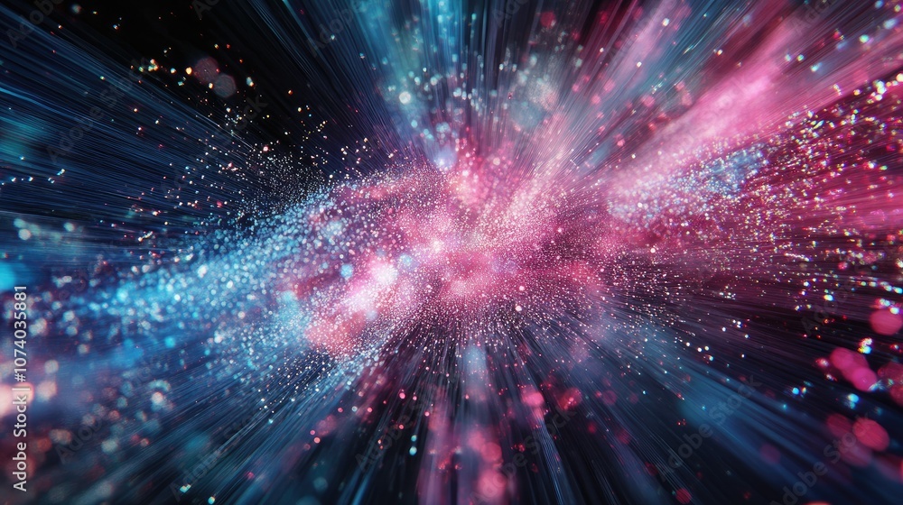 Naklejka premium Abstract colorful light streaks and particles radiating outward from a central point on a dark background.