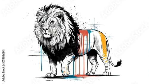 An impressive lion displays its strength and grace while colorful paint drips down its body blending art with nature in a striking composition photo