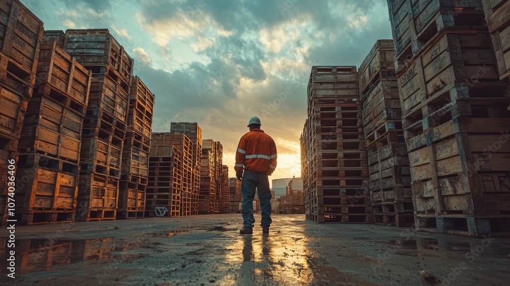 Worker Observing Sunset in Industrial Warehouse Worker Observing Sunset in Industrial Warehouse