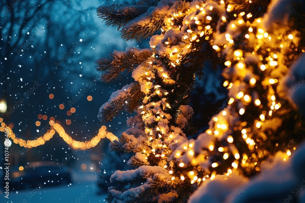 A Snowy Evergreen Tree Branch Adorned with Twinkling Christmas Lights A Snowy Evergreen Tree Branch Adorned with Twinkling Christmas Lights