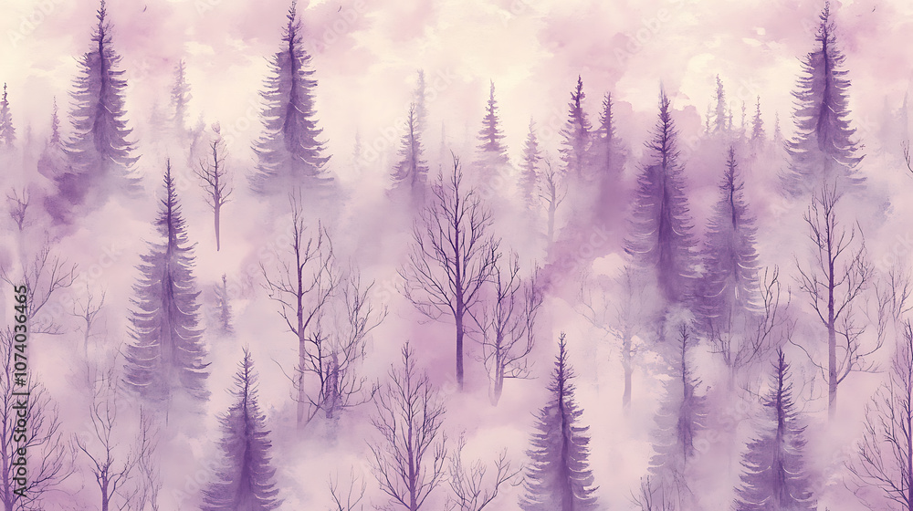 Obraz premium Seamless pattern of misty forest hand painted watercolor illustration