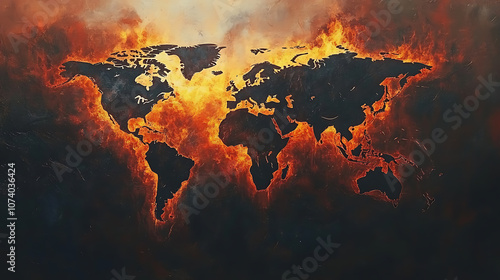 Fototapeta Naklejka Na Ścianę i Meble -  Scorched earth dark world map engulfed in flames symbolizing global warming and environmental disaster abstract concept illustration