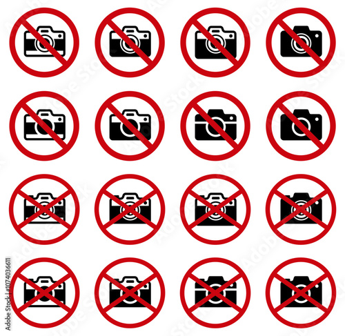 様々な形の写真や動画の撮影禁止案内アイコンのベクターイラストセット