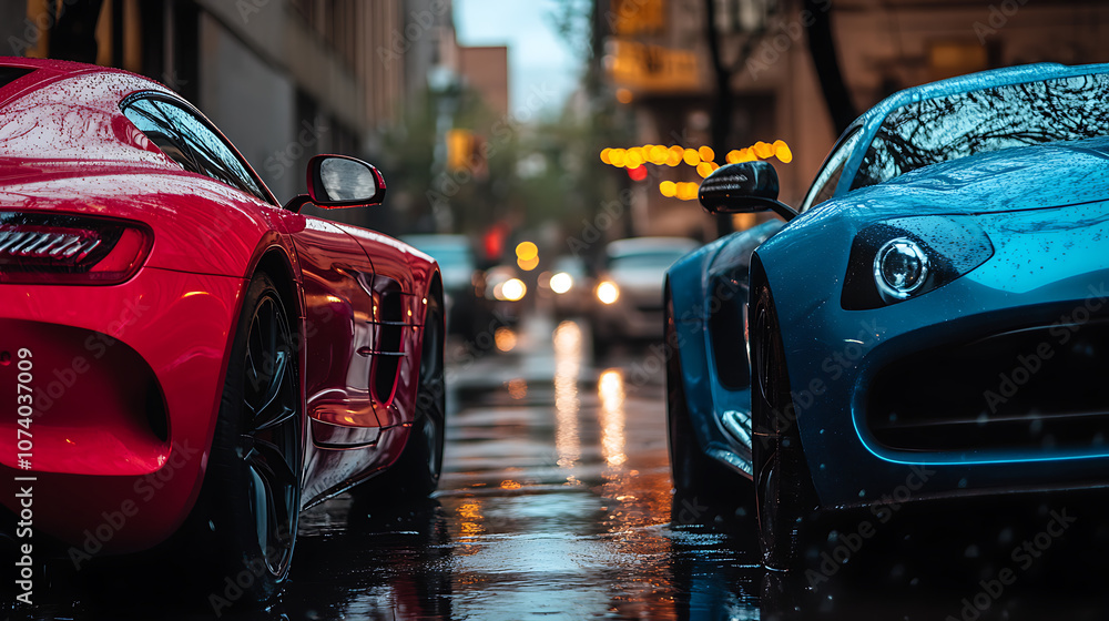 Sleek modern vehicles parked facetoface in urban setting highlighting vibrant red and blue color contrast automotive photography Sleek modern vehicles parked facetoface in urban setting highlighting vibrant red and blue color contrast automotive photography
