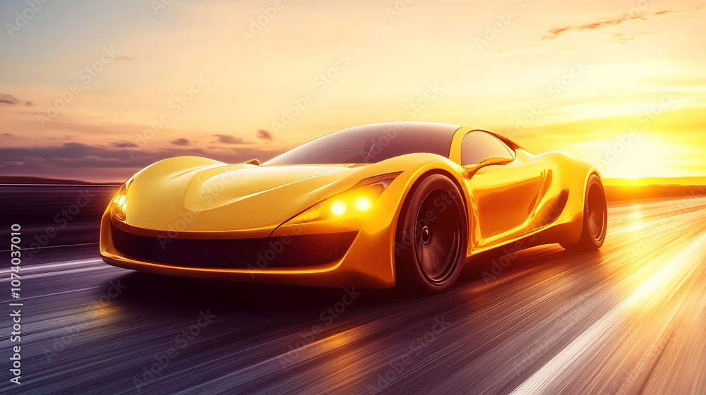 Naklejka premium Sleek yellow sports car speeding on asphalt road at sunset automotive concept illustration
