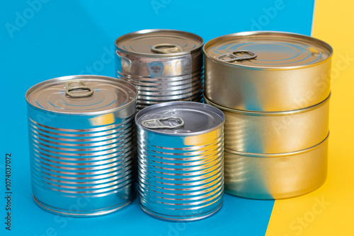 A Group of Stacked Tin Cans on Split Blue and Yellow Background. Canned Food. Aluminum Cans for Safe and Long Term Storage of Food. Steel Sealed Food Storage Containers