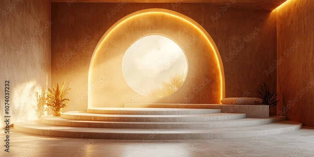 Circular Stone Steps with a Window View in a Minimalist Room Circular Stone Steps with a Window View in a Minimalist Room