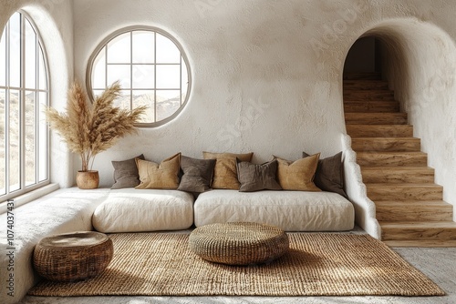 Modern Minimalist Living Room with White Walls, Archway, and Round Window