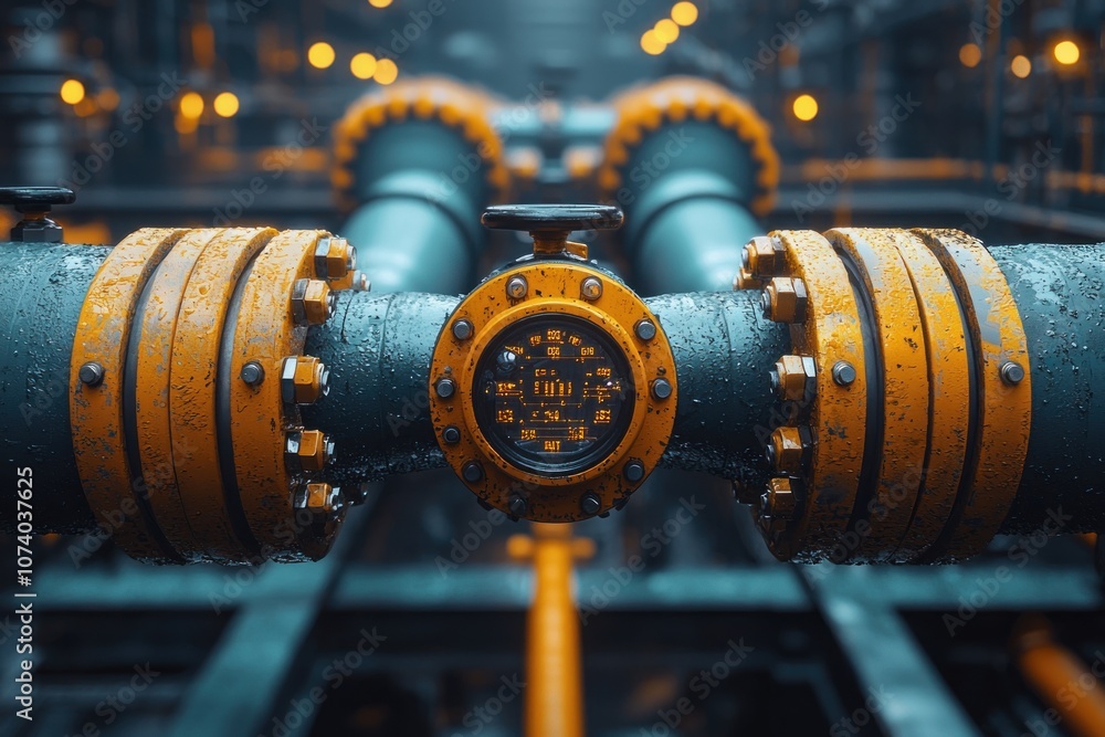 Obraz premium Close-up of a Yellow and Blue Industrial Pipeline with a Digital Gauge