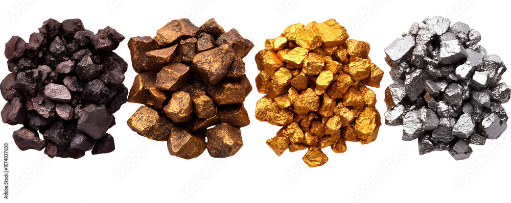 Obraz premium Collection of shiny metallic rocks in brown, gold, and silver colors isolated on a white background with transparent background PNG.