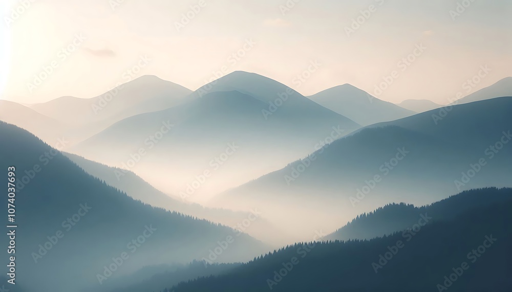 Fototapeta premium Calming minimalist mountain scene with soft fog, nature-inspired designs and tranquil backgrounds