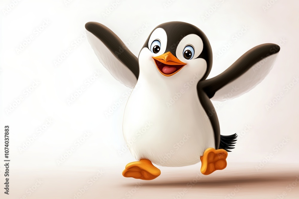 Fototapeta premium Playful cartoon penguin happily waddling with outstretched wings on a light background in a cheerful and lively manner