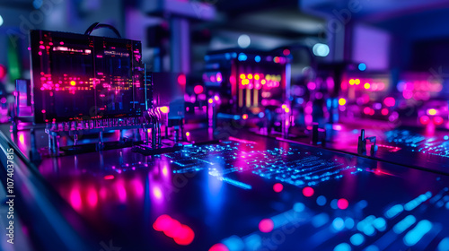 Quantum AI lab with glowing circuits and digital displays of data photo