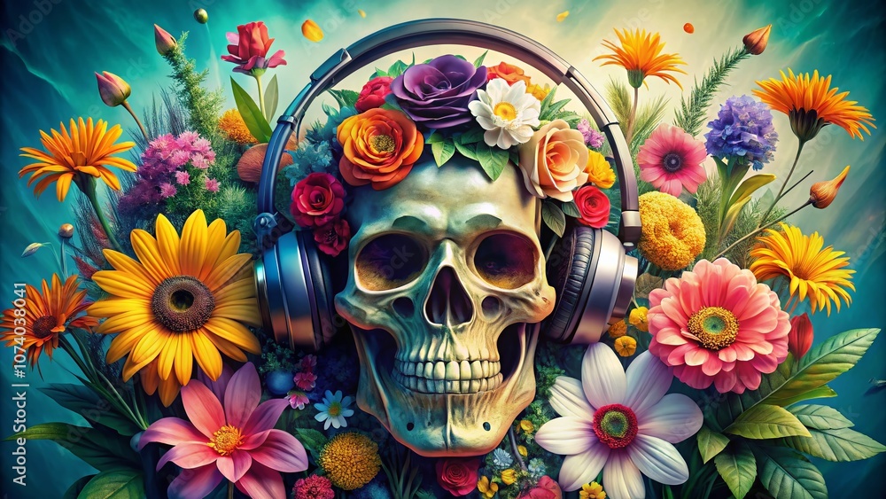 Artistic Fusion of Nature and Music: A Skull Adorned with Vibrant Flowers and Headphones in an Architectural Setting Artistic Fusion of Nature and Music: A Skull Adorned with Vibrant Flowers and Headphones in an Architectural Setting