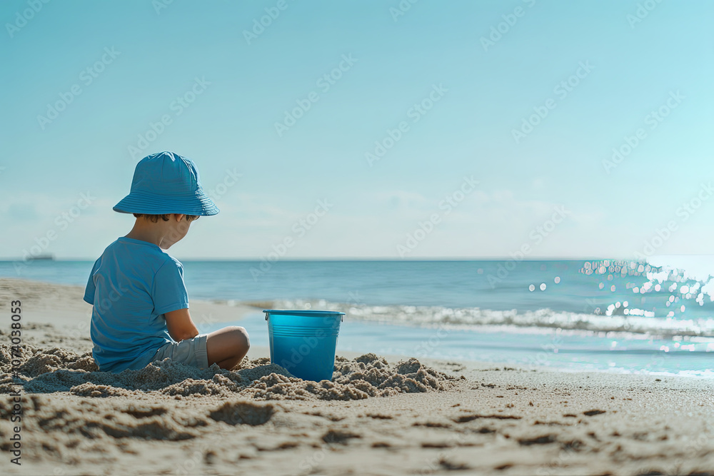 A child enjoying a sunny beach day while playing in the sand with a blue bucket near calm ocean waves A child enjoying a sunny beach day while playing in the sand with a blue bucket near calm ocean waves