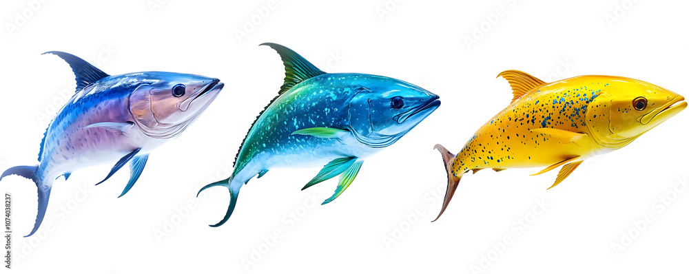 Fototapeta premium Three Realistic Tuna Fish Swimming in Different Colors, Isolated on a Transparent Background PNG