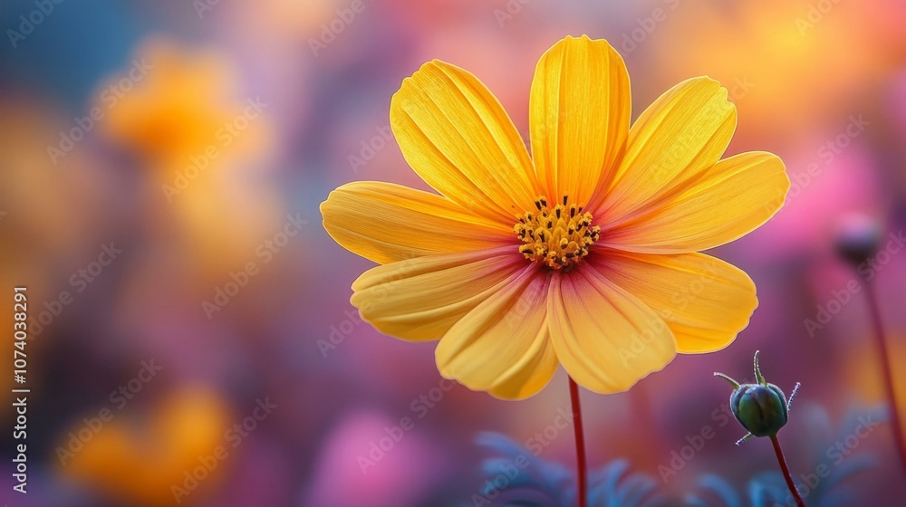 Obraz premium Vibrant yellow flower with dreamy pastel background for nature and floral design concepts