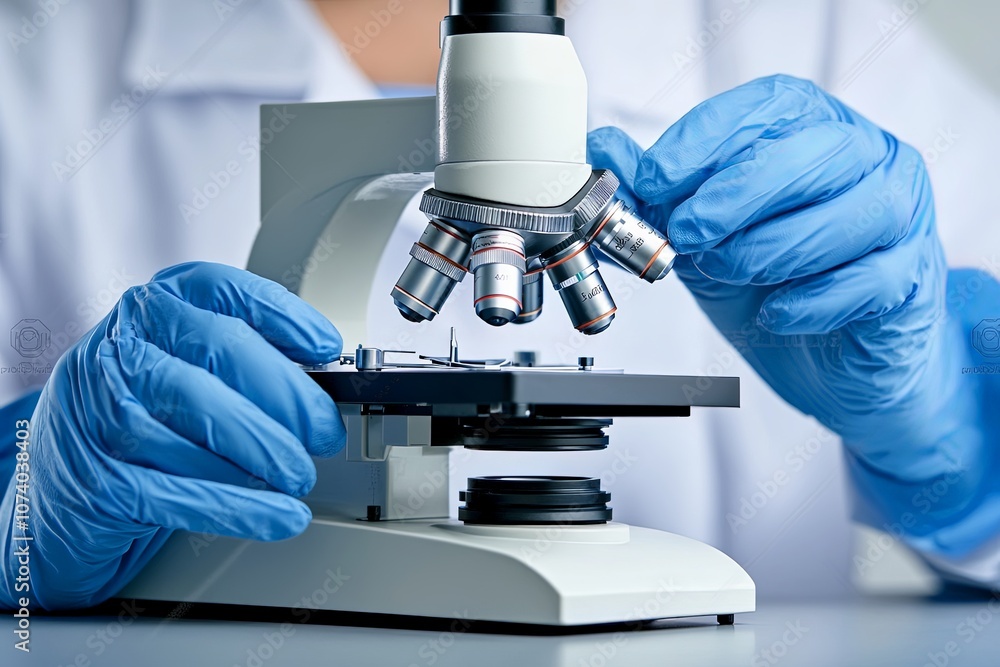 A researcher examines a specimen under a microscope in a laboratory setting to gather detailed scientific insights A researcher examines a specimen under a microscope in a laboratory setting to gather detailed scientific insights