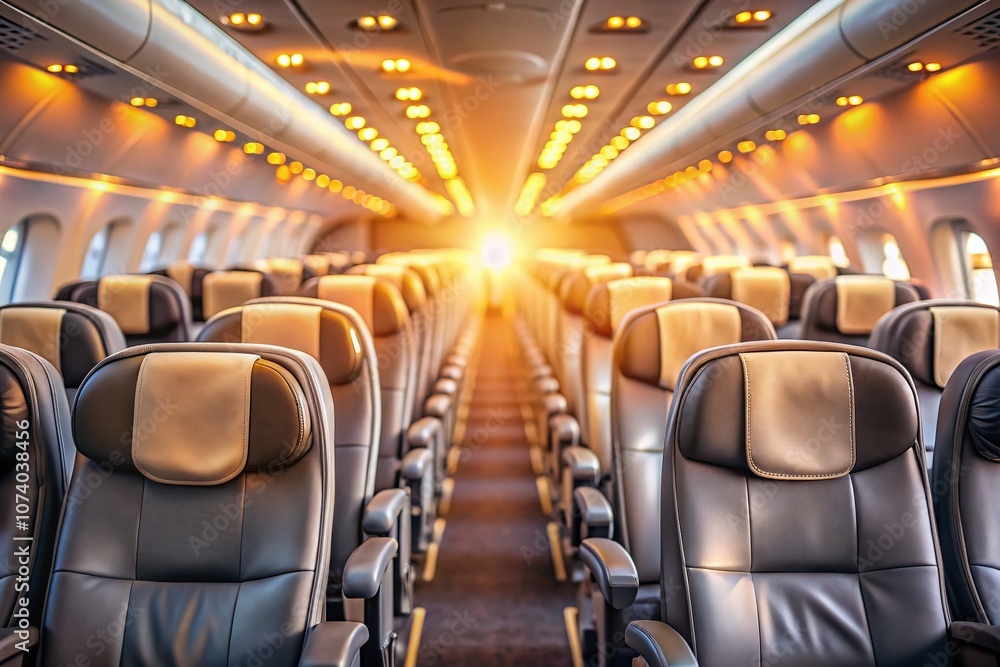 A Serene Empty Airplane Cabin with Grey Seats and Soft Lighting, Perfectly Set for Awaiting Passengers to Board and Experience Their Journey in Comfort and Style A Serene Empty Airplane Cabin with Grey Seats and Soft Lighting, Perfectly Set for Awaiting Passengers to Board and Experience Their Journey in Comfort and Style