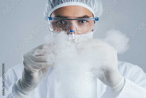 Scientist in lab coat examines vaporizing liquid nitrogen while wearing protective gear in modern laboratory setting photo