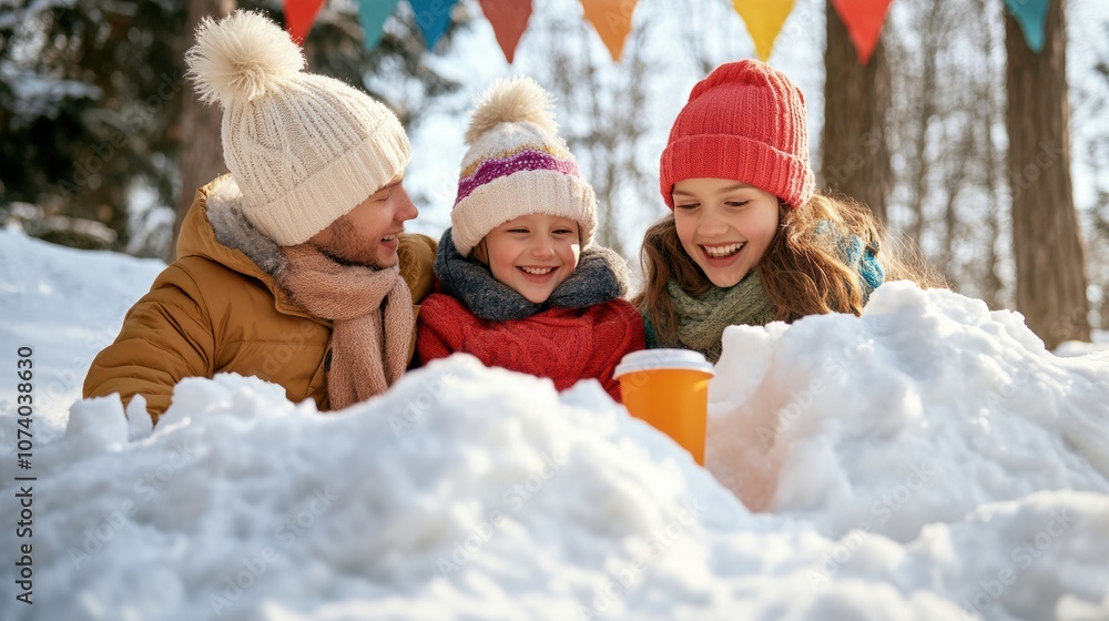 Family enjoying a snowy day with hot drinks and laughter, AI Family enjoying a snowy day with hot drinks and laughter, AI