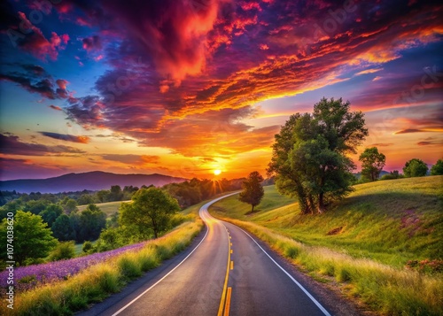 A Serene Sunset Over a Winding Road Leading to a Bright Future, Symbolizing the Journey Towards Success and Achievement in a Tranquil Landscape Setting