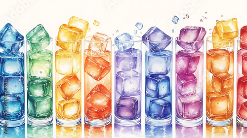 A colorful illustration of glasses filled with different types of ice cubes, arranged in an artistic pattern on the right side of the canvas