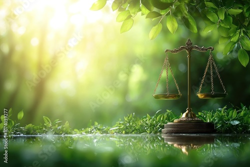 Golden Scales of Justice in a Lush Green Forest Setting photo